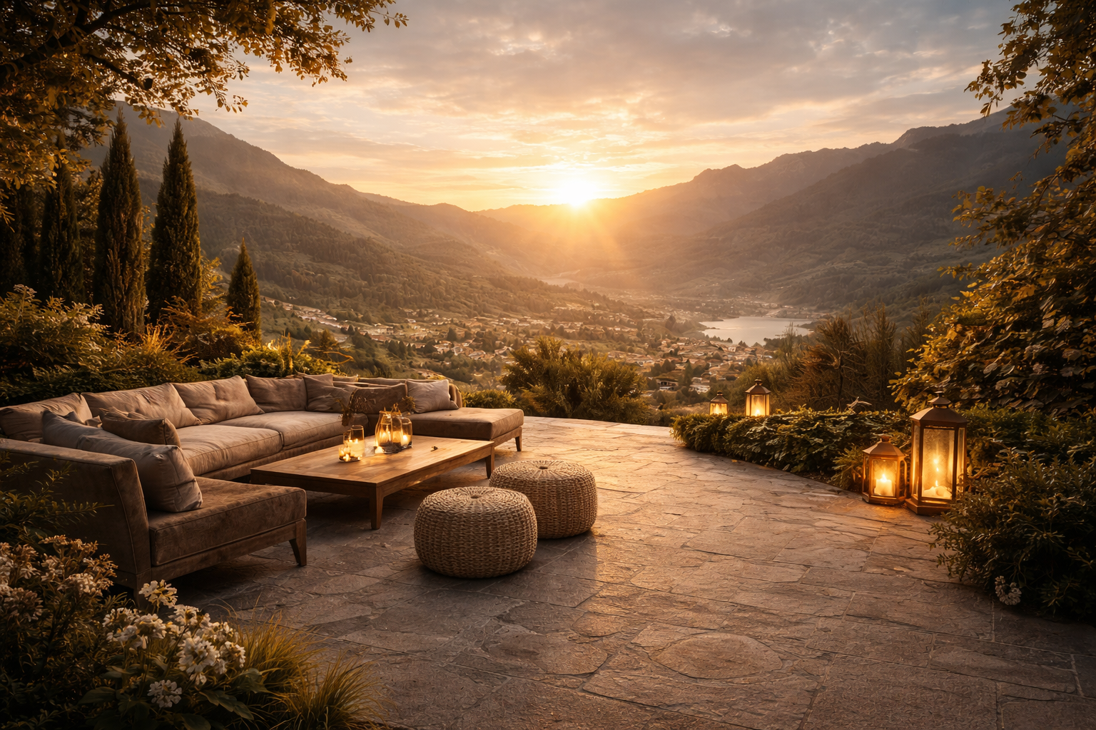 Terrasse dallée avec un canapé d’extérieur et des lanternes allumées, dominant une vallée et un village au coucher du soleil