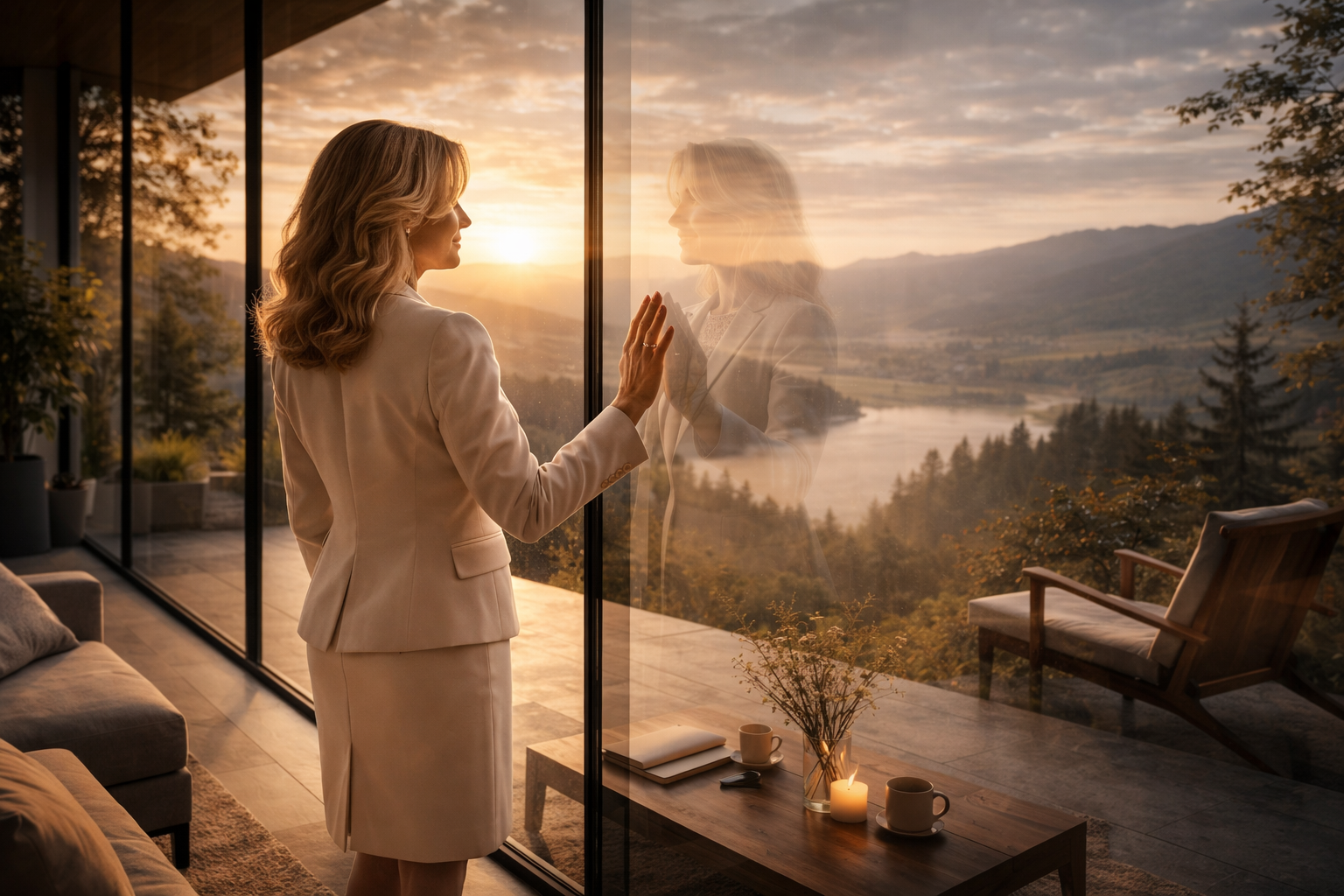 Une femme debout devant une grande baie vitrée, la main posée sur le verre, face à une vallée et une rivière au soleil levant, son reflet visible dans la vitre