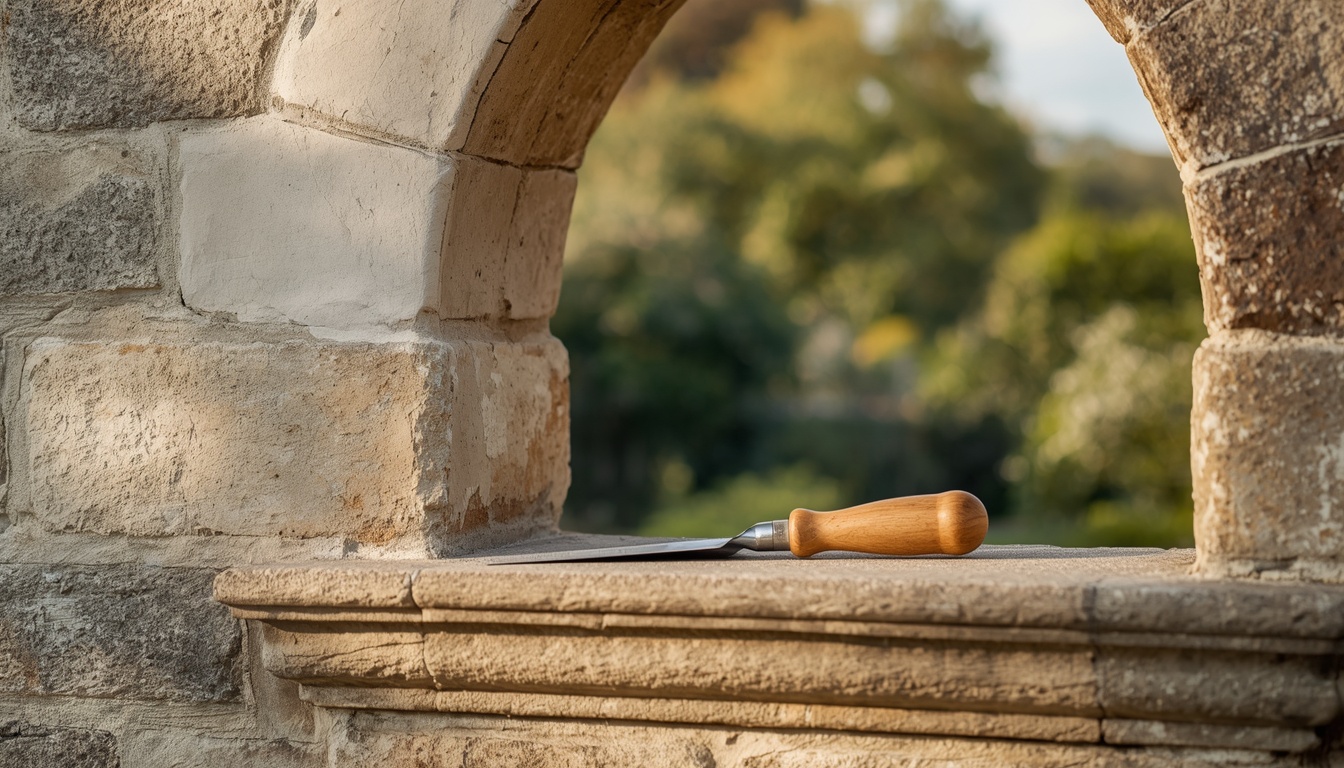 Façade en pierre d'une bâtisse de caractère, une partie fraîchement rejointoyée, l'autre encore patinée, avec une truelle posée en pause
