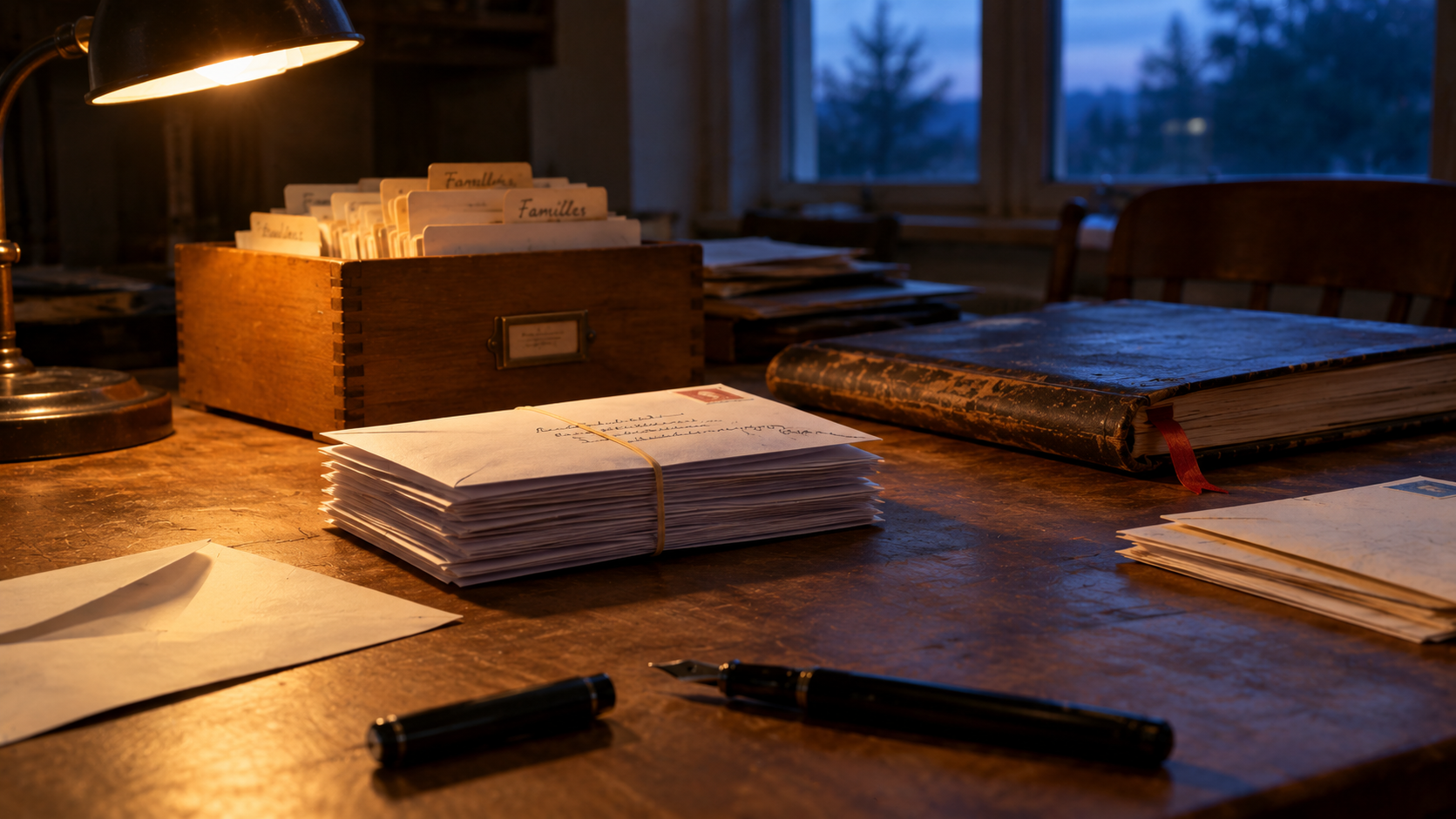 Faire tourner une idée : bureau éclairé par une lampe, pile d’enveloppes affranchies, fichier à onglets manuscrits et registre fermé